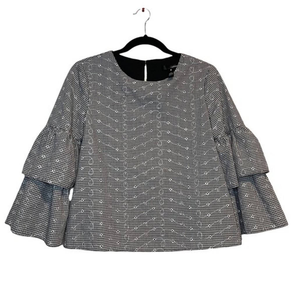 AQUA Womens Eyelet Ruffle Tier Sleeves Black/White Gingham Top